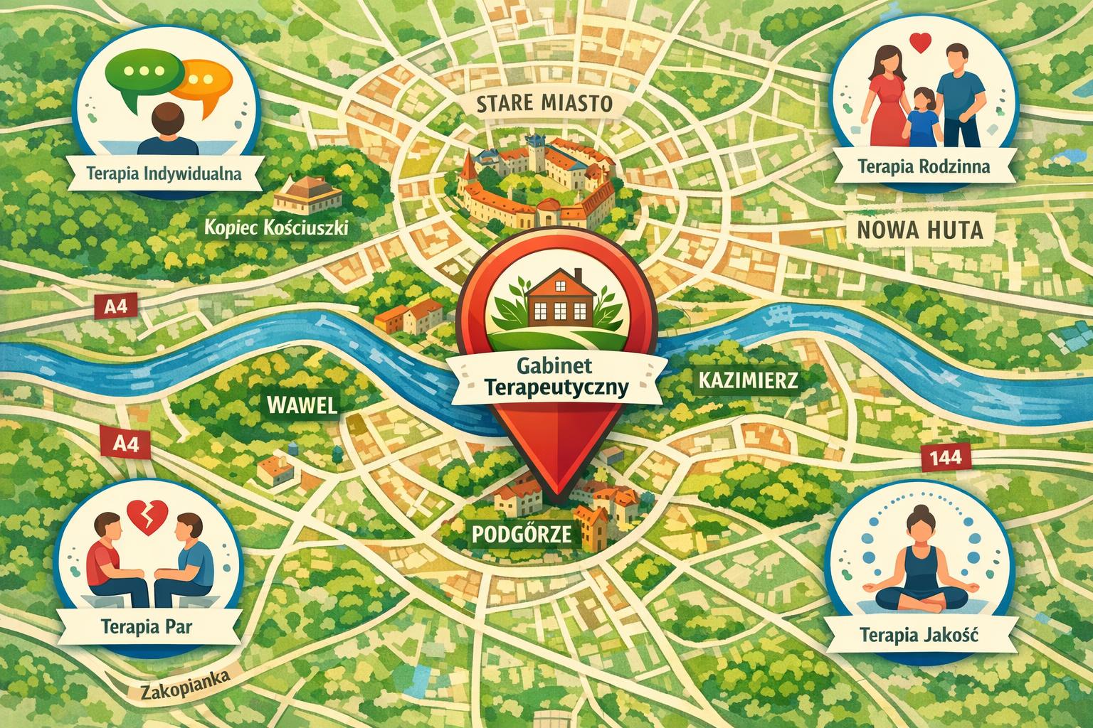 Mapa Krakowa z lokalizacją gabinetu terapeutycznego i ikonami usług