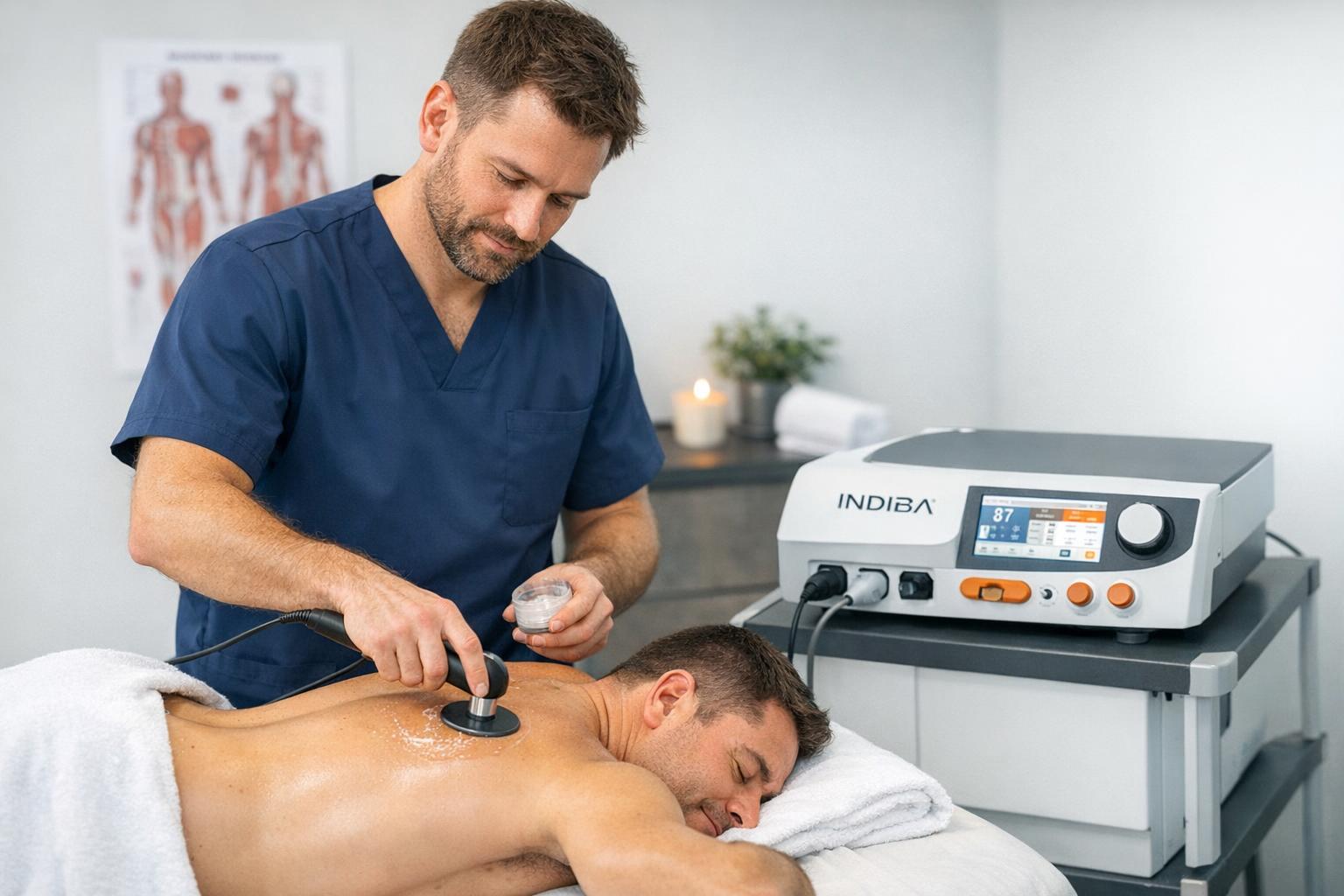 Zdjęcie terapeuty wykonującego zabieg Indiba na pacjencie