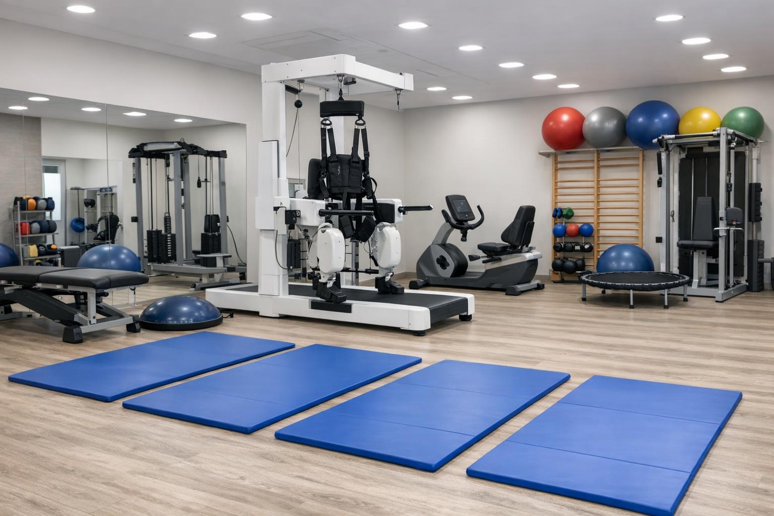 Sala rehabilitacyjna z nowoczesnym sprzętem i matami do ćwiczeń